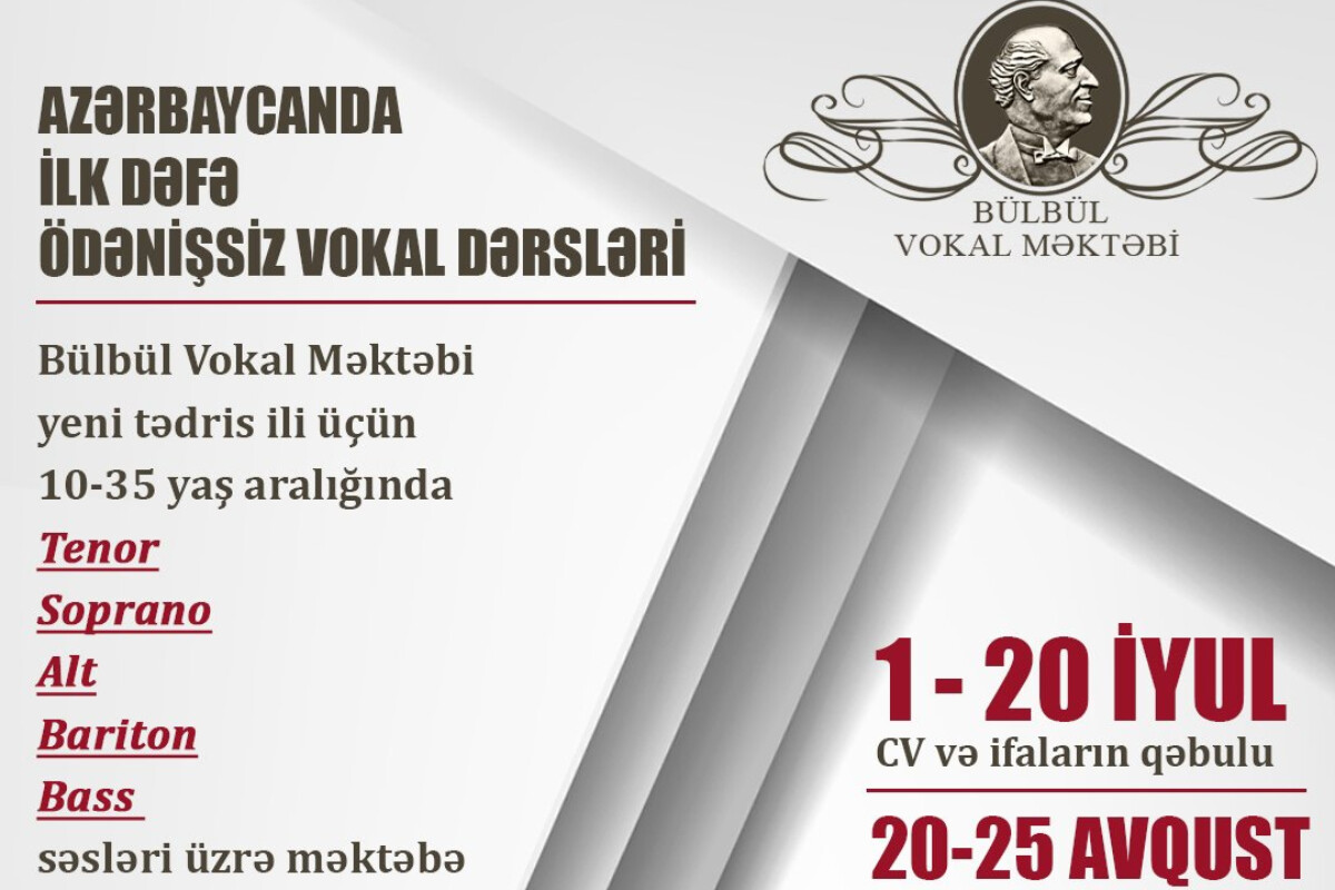 <p>BÜLBÜL VOKAL MƏKTƏBİ ÖDƏNİŞSİZ VOKAL&nbsp;DƏRSLƏRİNƏ TƏLƏBƏ QƏBULU ELAN EDİR</p>
